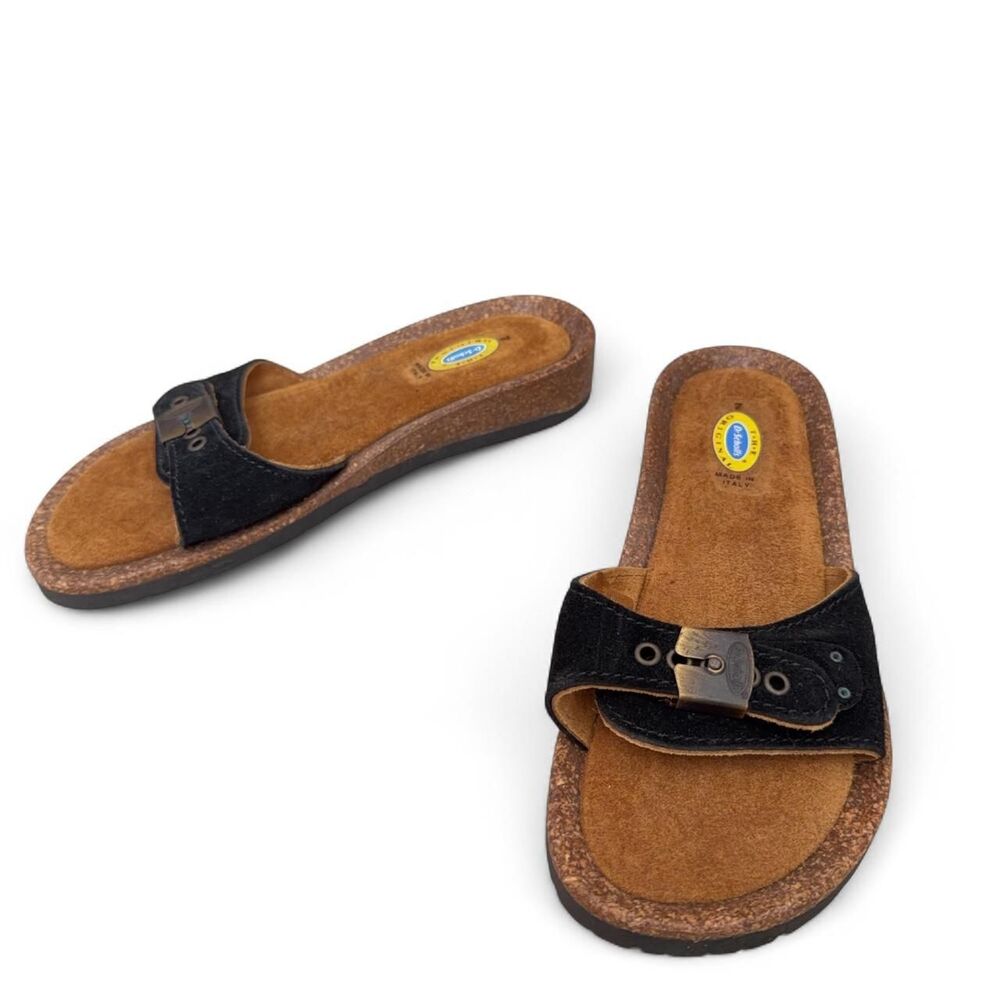 Vintage Dr. Scholl's The Original Black Suede Cork Slide Sandals Size 7